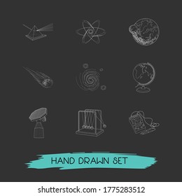 Set of physics icons line style symbols with planet with satellite, electrons, cosmology and other icons for your web mobile app logo design.