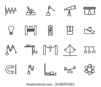 Set of physics icons, Outline science icons isolated on white background