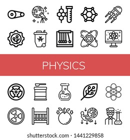 Set of physics icons such as Pulley, Nanotechnology, Discovery, Radioactive, Chemistry, Pendulum, Molecular, Atom, Quantum, Radiation, Formula, Cradle, Gravity, Experimentation , physics