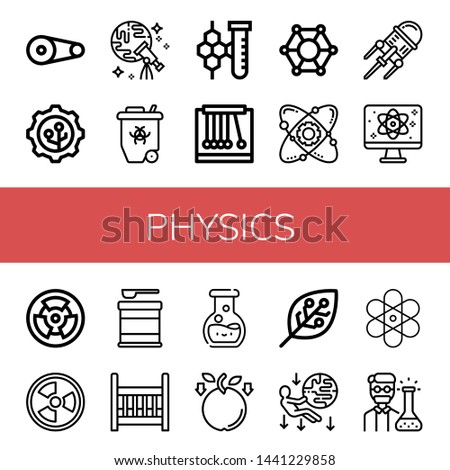 Set of physics icons such as Pulley, Nanotechnology, Discovery, Radioactive, Chemistry, Pendulum, Molecular, Atom, Quantum, Radiation, Formula, Cradle, Gravity, Experimentation , physics