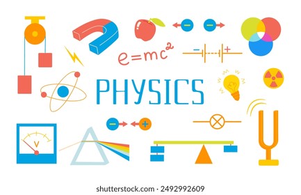 Set with physics lesson illustrations and lettering: magnet, atoms, elements, spectrum, light, radiation, experiments, molecules. Back to school colorful elements for science school subject