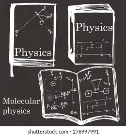 Set of physics textbook, workbook on school board. Freehand drawing. Physics elements