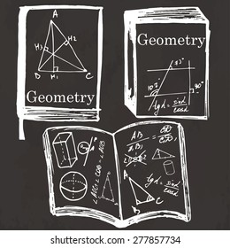 Set of physics textbook, workbook on school board. Freehand drawing. Geometry elements