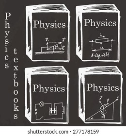 Set of physics textbooks on school board. Freehand drawing. Physics elements