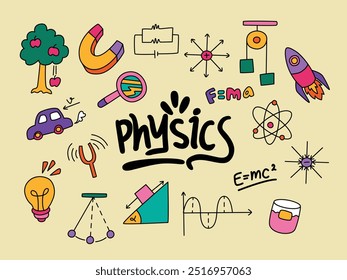 set of physics vector flat illustration. Bundle of physics doodles for school.