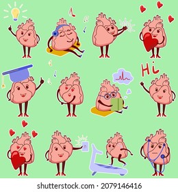 Un conjunto de emoticonos fisiológicos del corazón. Carácter cardiológico limitado en diferentes poses y situaciones.