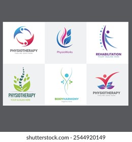 Conjunto de Colección de diseño de logotipos de fisioterapia. Cuidado de la salud humana, Psicología Terapia de la mente sana Masaje Tratamiento de bienestar Icon Plantilla