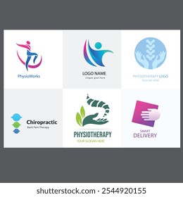 Set of Physiotherapy Logo Design Collection. Human Health Care, Psychology Healthy Mind Theraphy Massage Wellness Treatment Icon Template