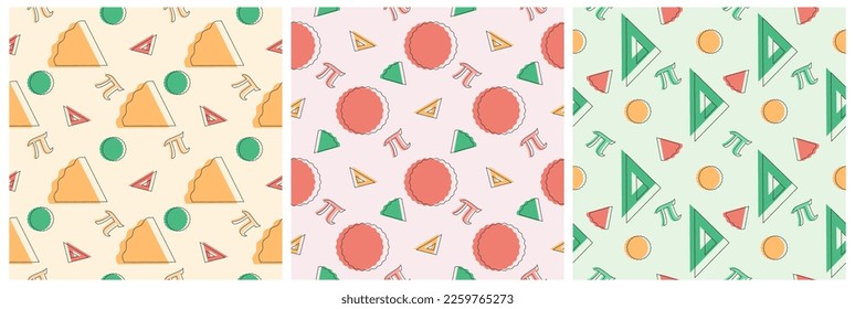 Set of Pi Day Seamless Pattern Design with Mathematical Constants or Baked Pie in Template Hand Drawn Cartoon Flat Illustration