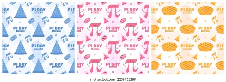 Set aus Pi-Day-Muster nahtlos mit mathematischen Konstanten oder gebackenen Kuchen in handgezeichneter Cartoon-FlamatIllustration