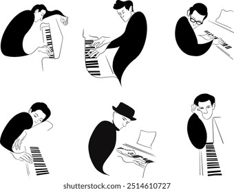 Conjunto de personajes pianistas. Ilustración aislada en blanco y negro. Ilustración vectorial.