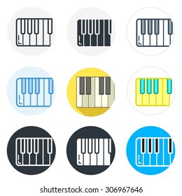 Set of piano icons in different styles isolated on white background.