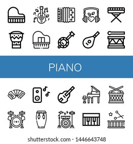 Set of piano icons such as Grand piano, Bongo, Music, Piano, Accordion, Banjo, Lute, Drum, Drum set, Conga, Double bass, Drum kit ,