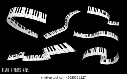 Set of piano keys ribbons. Musical black and white synthesizer keyboard tapes waving in wind. Design element. Vector on black background
