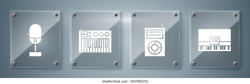 Set Piano, Music MP3 player, Music synthesizer and Microphone. Square glass panels. Vector