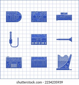 Set Piano, Music synthesizer, Harp, Clarinet, DJ remote for playing and mixing music, Audio jack, CD player and Vinyl disk icon. Vector