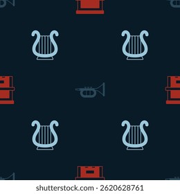 Set Piano, Trumpet and Ancient Greek lyre on seamless pattern. Vector