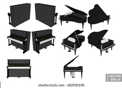 A set of pianos and pianoforte. Musical instrument. Realistic. Isolated on white background.