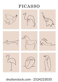 Conjunto de ilustrações de vetores animais de picasso. Cartazes minimalistas de animais bonitos, pinturas de parede, arte decorativa com um toque.