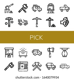 Set of pick icons. Such as Axe, Mining, Jeep, Pickaxe, Claw machine, Mine, Color picker, Axes , pick icons