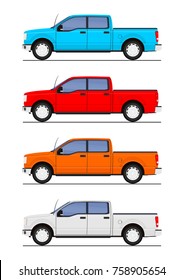 Set of pick up truck in four colors.Flat vector.