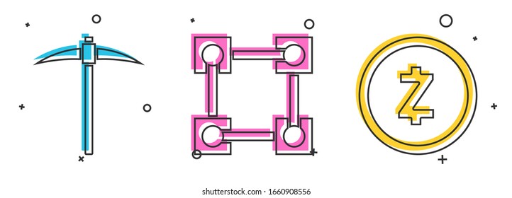 Set Pickaxe, Blockchain technology and Cryptocurrency coin Zcash ZEC icon. Vector