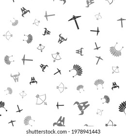 Set Pickaxe, Buffalo skull, Indian headdress with feathers and Bow and arrow in quiver on seamless pattern. Vector