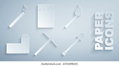 Set Pickaxe, Burning match with fire, Building of station, Fire shovel, Open matchbox and matches and Cigarette icon. Vector