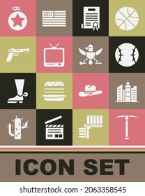 Set Pickaxe, City landscape, Baseball ball, Declaration of independence, Retro tv, Pistol or gun, Canteen water bottle and Eagle icon. Vector