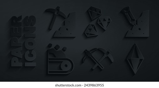 Conjunto Piqueta, Martillo de construcción, Cinta transportadora de carbón, Piedra preciosa e icono. Vector