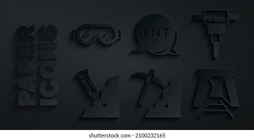 Set Pickaxe, Construction jackhammer, Mine entrance, Dynamite and Safety goggle glasses icon. Vector