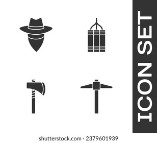 Set Pickaxe, Cowboy, Tomahawk and Dynamite bomb icon. Vector