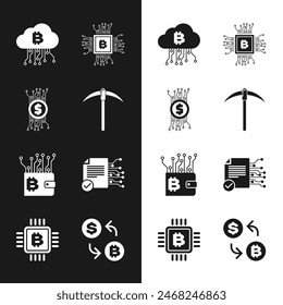 Set Pickaxe, Cryptocurrency bitcoin in circuit, cloud mining, CPU farm, wallet and Smart contract icon. Vector