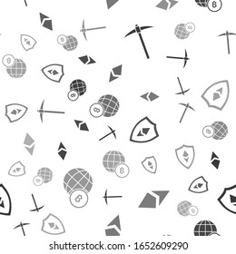 Set Pickaxe, Cryptocurrency coin Ethereum ETH, Shield Ethereum ETH and Globe and cryptocurrency coin Bitcoin on seamless pattern. Vector