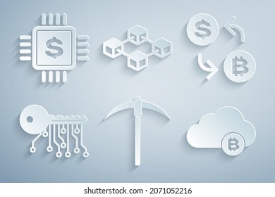 Set Pickaxe, Cryptocurrency exchange, key, cloud mining, Blockchain technology and Processor chip with dollar icon. Vector