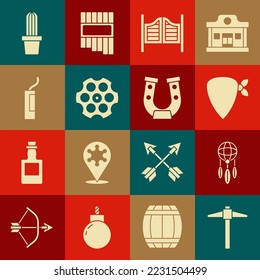 Set Pickaxe, Dream catcher with feathers, Cowboy bandana, Saloon door, Revolver cylinder, Dynamite bomb, Cactus peyote pot and Horseshoe icon. Vector