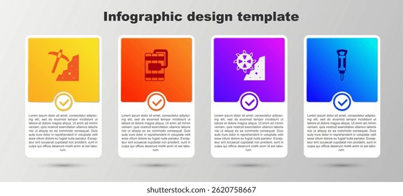 Set Pickaxe, Dynamite, Bucket wheel excavator and Construction jackhammer. Business infographic template. Vector