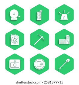Set Pickaxe, Fire exit, shovel, Building of fire station, alarm system, Canister for flammable liquids, Flasher siren and Ringing bell icon. Vector