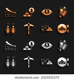 Set Pickaxe, Gold bars, Jewelry store, with certificate, Earrings, Eye dollar, Falling arrow gold and exchange money icon. Vector