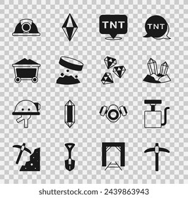 Set Pickaxe, Handle detonator, Gem stone, Dynamite, Giant magnet holding iron dust, Mine coal trolley, Miner helmet and  icon. Vector