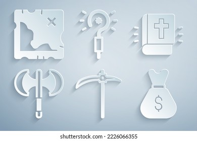 Set Pickaxe, libro de la Biblia Santa, polo medieval, bolsa de dinero antiguo, varita mágica e icono del mapa del tesoro pirata. Vector