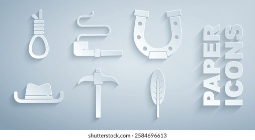 Set Pickaxe, Horseshoe, Western cowboy hat, Indian feather, Smoking pipe and Gallows rope loop hanging icon. Vector