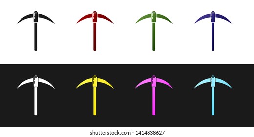 Set Pickaxe icon isolated on black and white background. Blockchain technology, cryptocurrency mining, bitcoin, digital money market, cryptocoin wallet. Vector Illustration