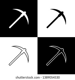 Set Pickaxe icons on black and white background. Blockchain technology, cryptocurrency mining, bitcoin, digital money market, cryptocoin wallet. Line, outline and linear icon. Vector Illustration