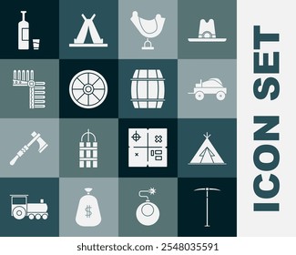 Pickaxe, tipi indio o wigwam, vagón cubierto del oeste salvaje, silla de montar, rueda de madera vieja, tocado con plumas, botella de whisky y vidrio e icono de barril de madera. Vector