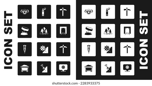 Set Pickaxe, Mine entrance, Giant magnet holding iron dust, Gas mask, Dynamite,  and Construction jackhammer icon. Vector