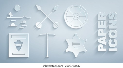 Set Pickaxe, Old wooden wheel, Wanted western poster, Hexagram sheriff, Crossed arrows and Desert landscape with cactus icon. Vector