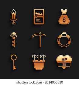 Set Pickaxe, Quiver with arrows, Video game bar, Magic stone ring, Old key, wand, money bag and Sword for icon. Vector