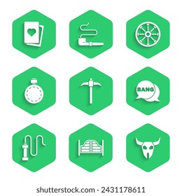 Set Pickaxe, Saloon door, Buffalo skull, Bang boom, gun Comic, Leather whip, Canteen water bottle, Old wooden wheel and Deck of playing cards icon. Vector