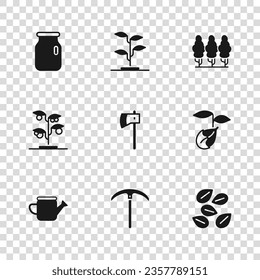 Set Pickaxe, Sprout, Seeds of specific plant, Wooden, Fruit trees, Glass jar with screw-cap,  and  icon. Vector